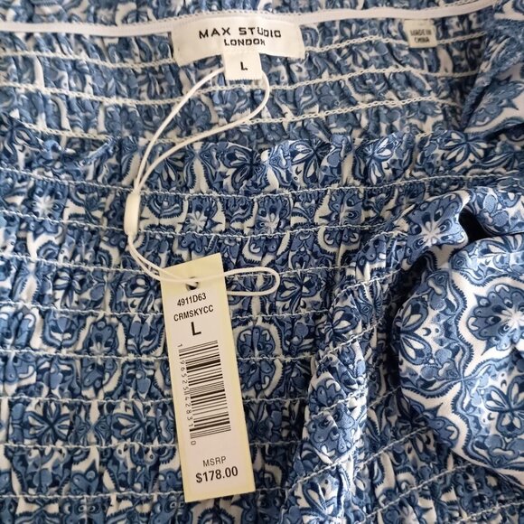 Max Studio Smocked Tiered Maxi Dress Cream Sky Size L NWT Short Sleeve - Picture 6 of 11